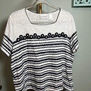 Alfred Dunner Navy Blue and White Boxy Embellished Blouse